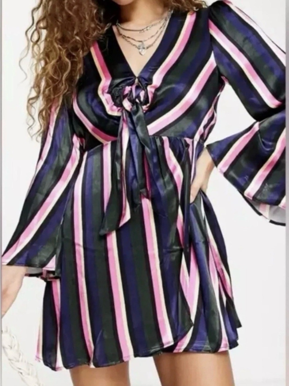 TOPSHOP Women's Stripe Knot Front Long Sleeve Mini Dress Size 4 Multi New